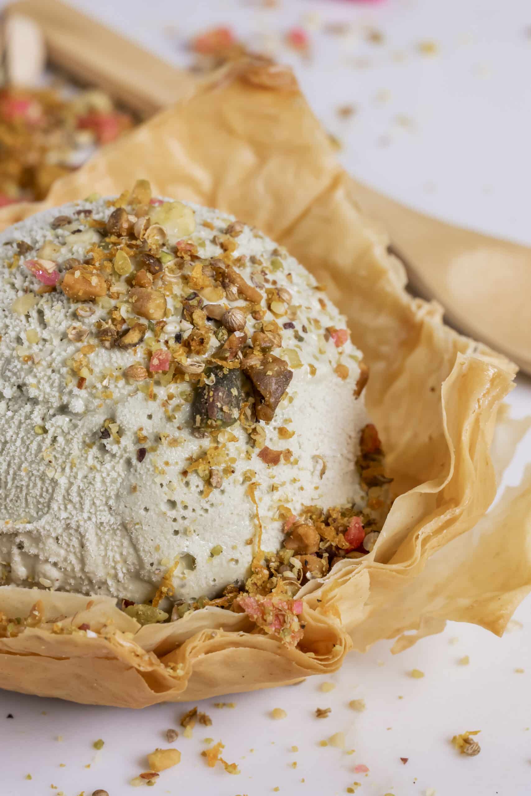 Pistachio gelato with dukkah and phyllo
